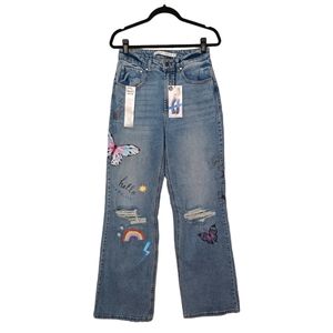 TINSELTOWN High Rise Wide Leg Distressed Butterfly Print Blue Jeans 9 NWT
